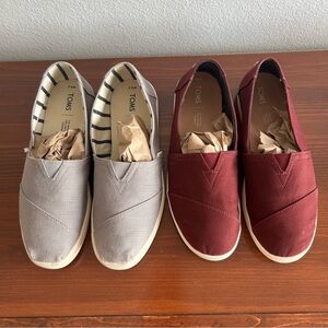 TOMS Women’s Slip-On Shoes Bundle (2 Pairs) Gray & Burgundy Canvas Flats 9.5